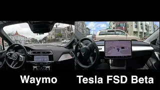 Waymo and Tesla Self-Driving to the Same Destination Side by Side