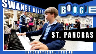 A river of holidaymakers queuing for Eurostar in the rhythm of Swanee River Boogie. Public Piano