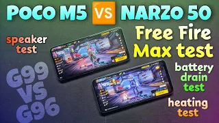 Realme Narzo 50 🆚 Poco M5 free fire max compare || battery🔋drain test & heating test || g99 vs g96..