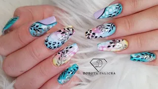 Summer jungle nail art with blooming gel. Summer nails trends