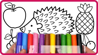 ( Fruits & Animals ) Hedgehog & PineApple & Apple & and Marker Pencil Coloring / Akn Kids House