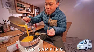 [Car camping] Strong winds. The omelet rice was delicious. Homemade light truck camper. 203