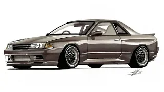 Realistic Car Drawing - R32 Nissan Skyline GT-R - Time Lapse