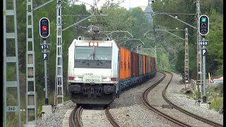 Trains by the R4 Line in Barcelona: Gelida Station. Mediterranean Corridor. Renfe