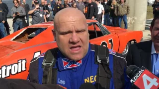 General Lee stunt driver Raymond Kohn talks after his spectacular jump in Detroit