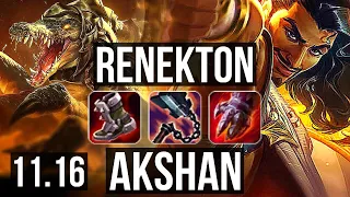 RENEKTON vs AKSHAN (TOP) | 5.5M mastery, 6 solo kills, 1100+ games, 8/2/9 | KR Grandmaster | v11.16