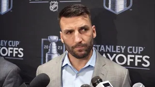 Patrice Bergeron is asked what goalie he thinks should start game seven