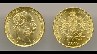 Нумизматика. Золотая монета. Австрия, 8 флоринов 1892 года.  Uncirculated.