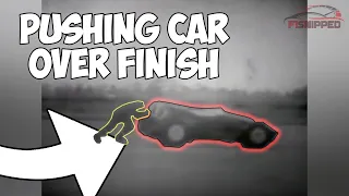 Pushing F1 car over finish (1959 US GP)
