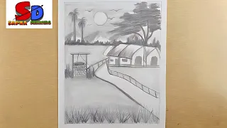 How to draw a beautiful sunset with village scenery drawing | step by step | pencil drawing tutorial