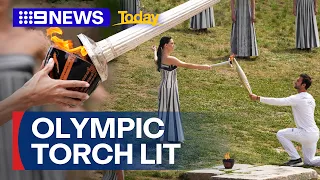 Olympic torch lit, with 100 days to go until Paris Games | 9 News Australia
