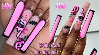 PINK POP ART HALLOWEEN NAILS✨ | HOW TO HAND DRAWN NAIL ART | ACRYLIC NAIL TUTORIAL