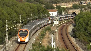 Spanish Trains at Garraf coasts in Barcelona. Castelldefels, Vilanova, Sitges, Cubelles. Renfe