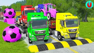 Double Flatbed Trailer Truck vs Speedbumps Train vs Cars | Tractor vs Train Beamng.Drive 055