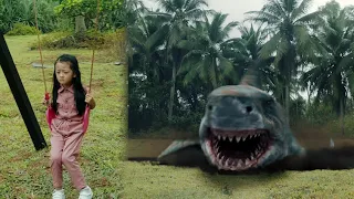 The mutant shark chases the girl, and she will be eaten if the man shows up a bit later!