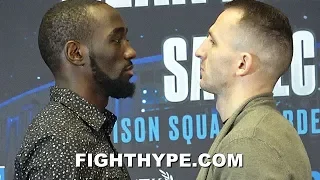 TERENCE CRAWFORD CUTTHROAT STARE AT "MEAN MACHINE" KAVALIAUSKAS DURING INTENSE FACE OFF