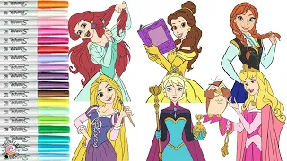 Disney Princess Coloring Book Compilation Rapunzel Anna Elsa Aurora Belle and Ariel