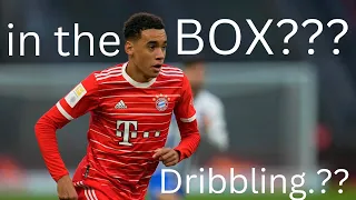 Musiala keeps dribbling in the box.