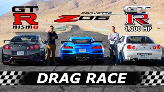 2023 Corvette Z06 vs GTR NISMO vs 1000hp R34 GTR // DRAG & ROLL RACE