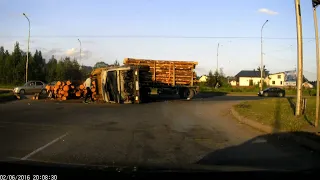 Logging Truck Loses Control and Tips Over || ViralHog