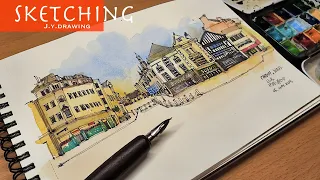 Easy Street Scene Buildings Drawing With a Dip Pen and Watercolor