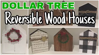 DOLLAR TREE DIY REVERSIBLE WOOD HOUSES | EVERYDAY AND SEASONAL FARMHOUSE DECOR | CHANGEABLE DECOR