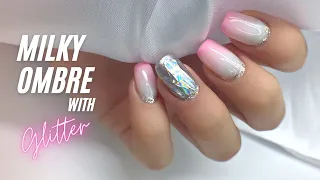 Easy Milky Ombre Nails with Glitter Gradient, Encapsulated Holographic Foil.