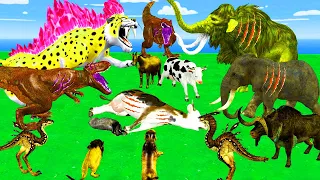 2 Zombie Hyenas vs 2 Dinosaurs vs Zombie Tigers Attack Baby Cow Bull Save By Woolly Mammoth Elephant