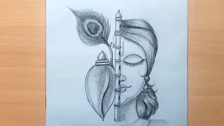How to draw Krishna half face and Flute easy drawing for beginners Krishna drawing Step by Step