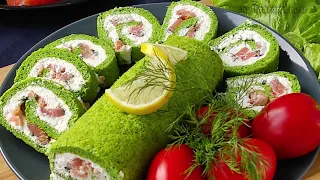 Рулет из шпината с семгой! Закусочный рулет с сёмгой! Рецепт вкусной слабосоленой семги!