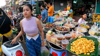 Best Cambodian street food, walking tour in Phnom Penh traditional market 2023