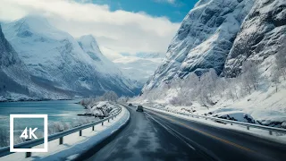 Relaxing 4K Snowy Drive in Norway | Geirangerfjord, Driving Sounds for Sleep and Study ASMR