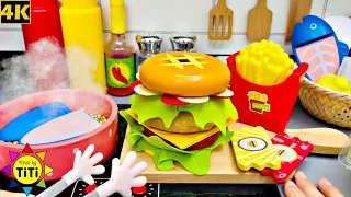 Making Fried Salmon Burger and French Fries with kitchen toys | Nhat Ky TiTi #231