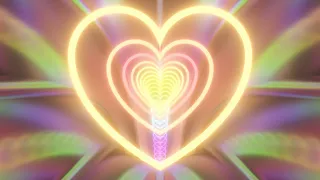 Flying Inside Reflective Mirror Rainbow Neon Glowing Heart 3D Tunnel 4K VJ Loop Motion Background