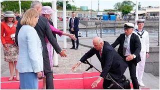 King Harald V of Norway takes a tumble as he visits Queen Margrethe in Denmark