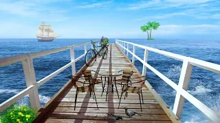 Croatia Seaport Coffee Shop Ambience & Bossa Nova Music, Wave Sound, Bird Sound for Relax and Calm