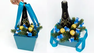 New Year's bouquet with champagne and sweets. Easy and simple DIY gift.