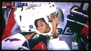 Alexander Georgiv throws his stick at Alex Ovechkin during the Shootout. RANGERS VS CAPITALS