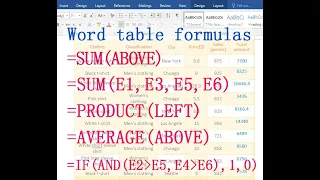 How to add Word table formulas SUM, PRODUCT, AVERAGE, IF and AND, with calculating specified cells