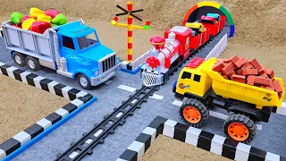 Crane truck rescue construction vehicle and sand leveling with excavator dump truck - Toy car story