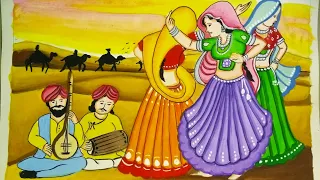 A beautiful painting of Rajasthani folk dancers and musicians with beautiful Rajasthani scenery