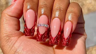 Achieve Stunning Red CHROME FRENCH Nails with 3D Swirl Design | GEL X | Tutorial