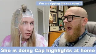 Hairdresser reacts to DIY cap highlights at home #hair #beauty