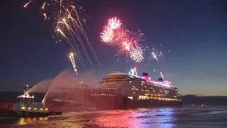 Disney Fantasy cruise ship arrives at Port Canaveral, Florida with fireworks and characters