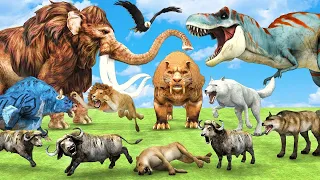 10 Giant Lion Tiger vs 10 Dinosaur Zombie Fight Baby Cow Buffalo Saved By Woolly Mammoth Elephant