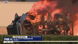 Large tanker truck fire shuts down Hwy. 75 in Plano