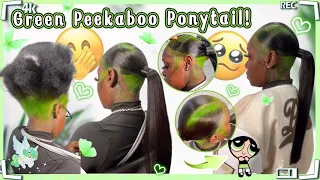 How To Sleek High Genie Ponytail!💚Green Peekaboo On Natural Hair Ft.#ULAHAIR Review