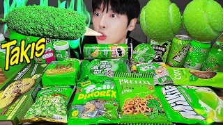 ASMR MUKBANG | GREEN FOOD HONEY JELLY CANDY Desserts (Noodles Jelly, chocolate) Convenience store