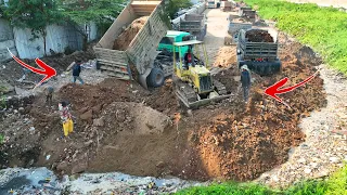 Nice Incredible Building Road ,Bulldozer Pushing Soil ,Trash ,Stone to Water , 5Ton Truck Unloading