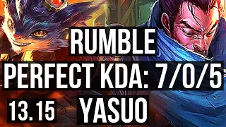 RUMBLE vs YASUO (MID) | 7/0/5, 2.9M mastery, 1400+ games, Godlike | KR Master | 13.15